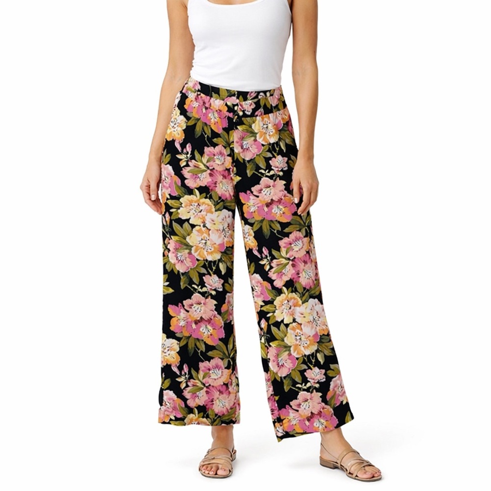 LOFT Floral Botanical Vibrant Print Fluid Lightweight Wide-Leg Pants Size Medium